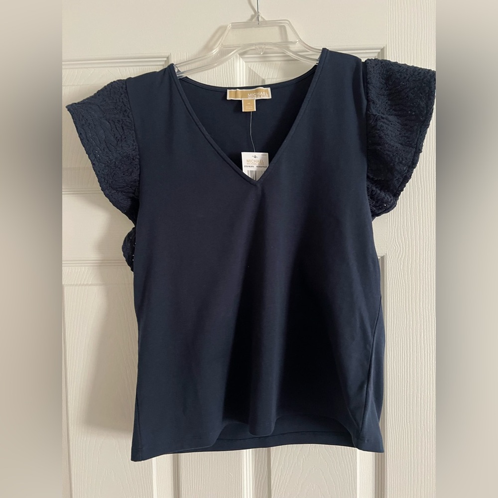 Michael Kors Midnight Blue Blouse with Lace Sleeves